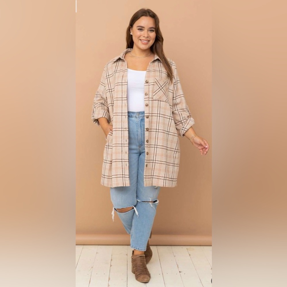 New Plaid Button Up Shacket Dress With Roll Up Sleeves